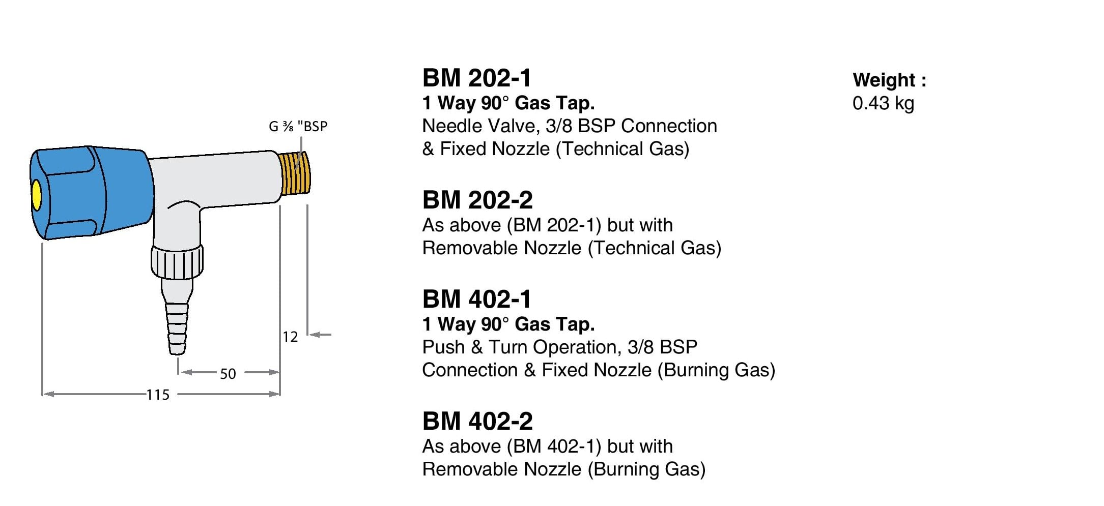 1 Way 90º Screw On Gas Tap Drawings