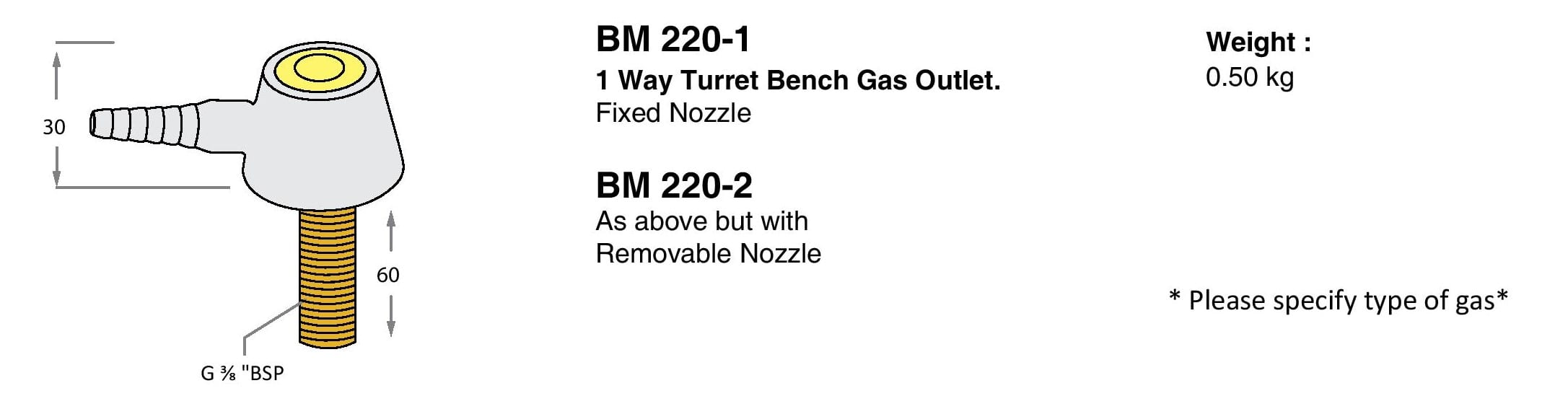 1 Way Turret Bench Gas Outlet Drawings